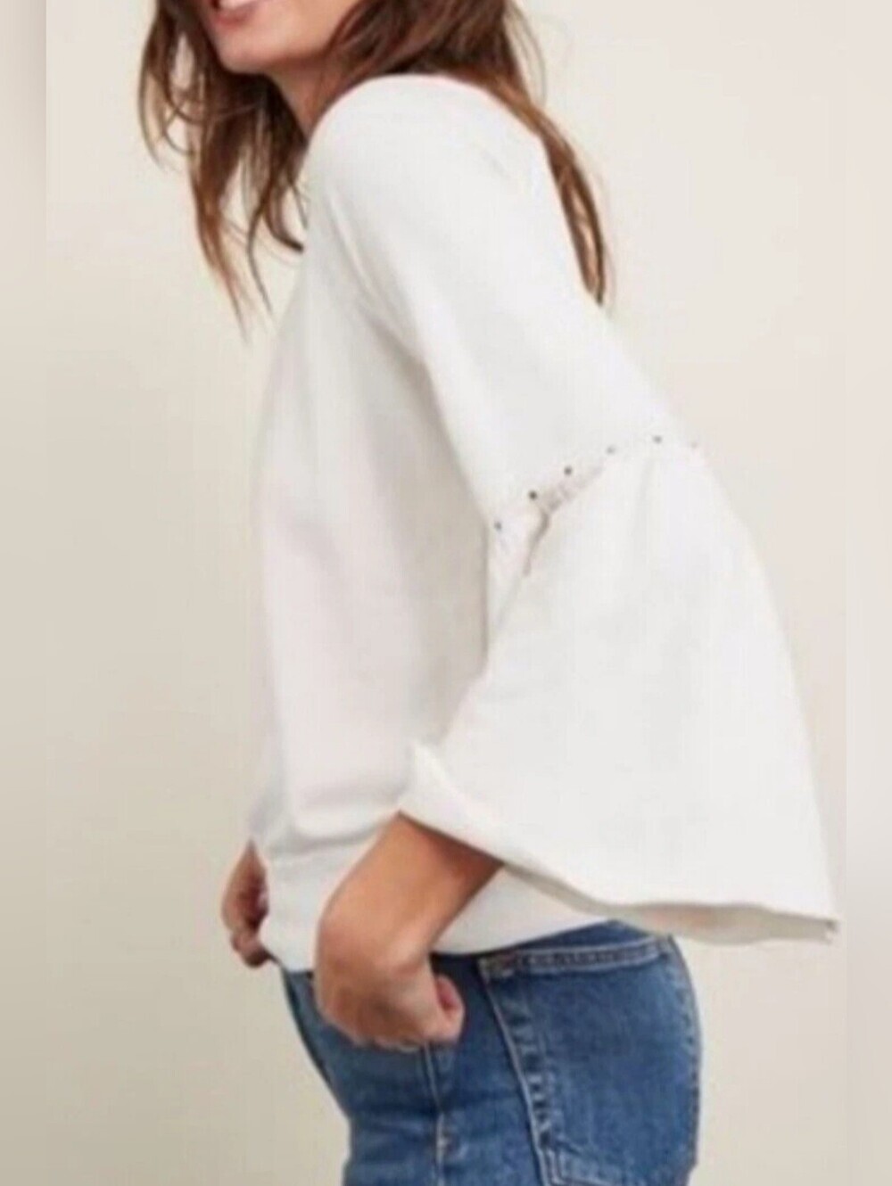 David Lerner Studio Collection Sweatshirt Large Ivory Bell Sleeves Studded